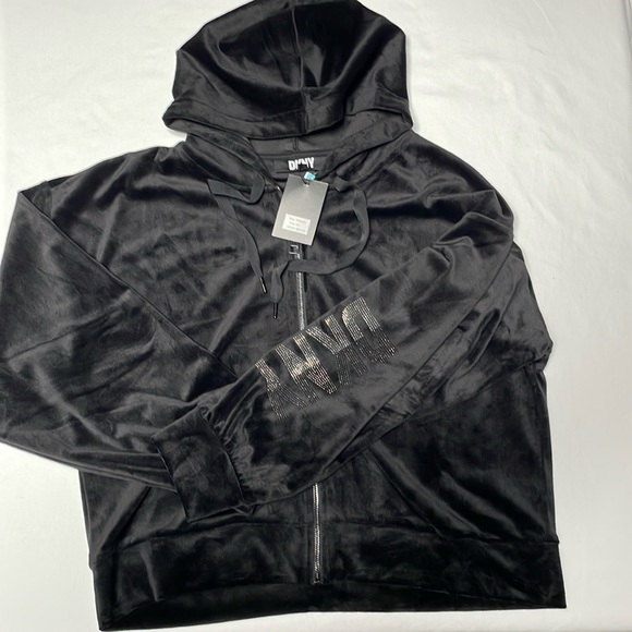 Dkny Jackets & Blazers - DKNY Size Large Black Velvet Hoodie*FULLLuxurious Zipper * Hood ties DKNY LOGO
